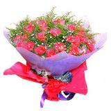 鲜花:9枝白菊花，9枝黄菊花，紫色皱纹加纱网高档包装。