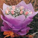 鲜花:粉玫瑰11枝，满天星点缀，绵纸包装成圆形花束。