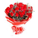 鲜花:白色香水百合1支，红玫瑰19支，情人草、枙子适量，手揉纸圆形包装