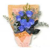 鲜花:19枝红玫瑰,满天星点缀（或绿叶搭配）,黄色皱纹纸圆形包装蓝色丝带束扎