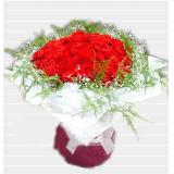 鲜花:19枝精品白玫瑰，外围绿叶，绿色卷边纸圆形包装，绿色丝带打结，此花需预定