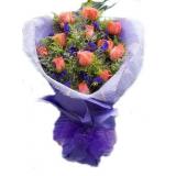 鲜花:粉玫瑰11枝，紫色洋桔梗，送小熊一只，精美包装（此花预定前请先咨询，并限送各大城市）