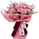 鲜花:6支粉色香水百合，黄莺点缀，绿色纱网圆形包装，此花需预定
