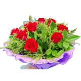唯一:红色玫瑰11枝,黄莺配叶,淡紫色卷边纸圆形包装