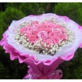 鲜花:99枝粉玫瑰，黄莺、勿忘我外围；粉色纱网外围，圆形包装