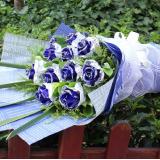 蓝玫瑰:99朵白玫瑰配叶，心型纱网包装，此花需要预定