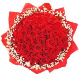 66支红玫瑰:康乃馨19支，小翠菊。浅红色包装纸束扎成圆形花束，内衬浅色绵纸，丝带花束扎（此花需提前预定）