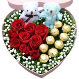 大筛树鲜花店玫瑰花盒:玫瑰礼盒装 9朵红玫瑰9颗巧克力+2只公仔外围满天星绿叶