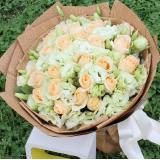 香槟玫瑰:33枝白玫瑰，米兰间插，巴西木叶外围，手揉纸高档包装